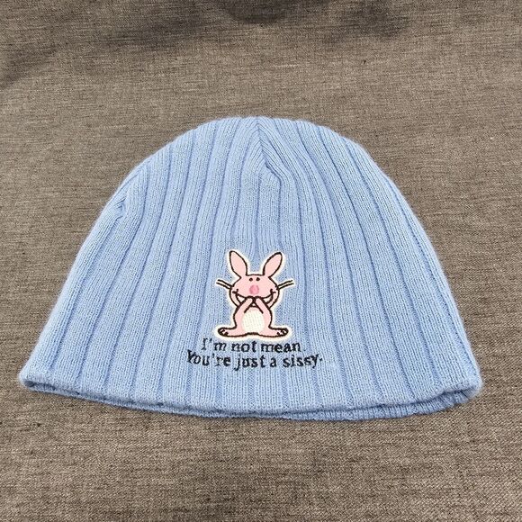 Jim Benton Happy Bunny Beanie Blue Knit “You're Just a Sissy” Acrylic Hat - Picture 2 of 11